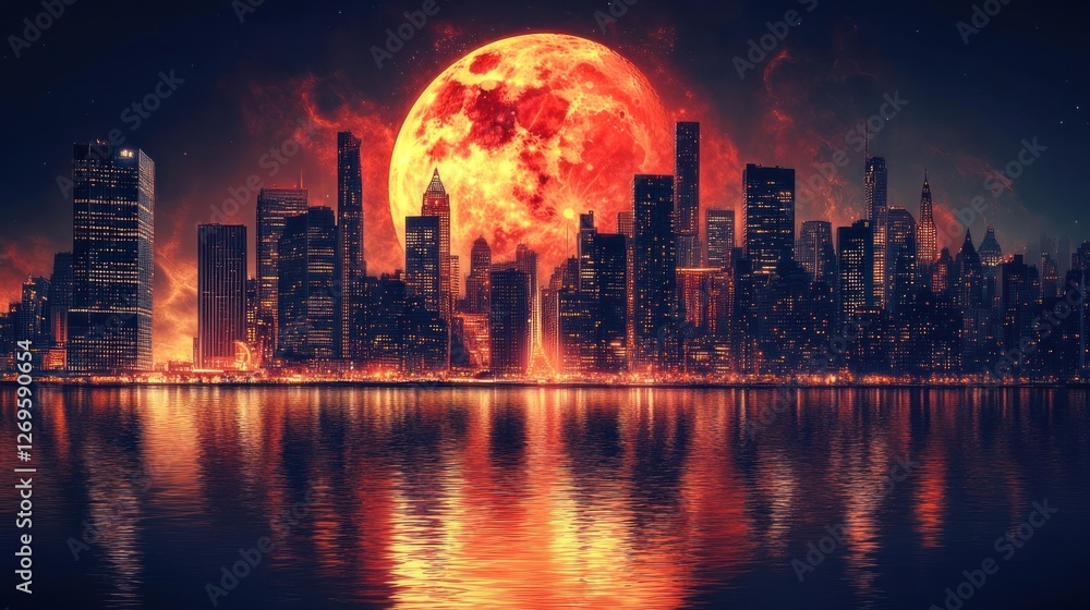 Fototapeta premium Cityscape Illuminated by a Fiery Crimson Moon