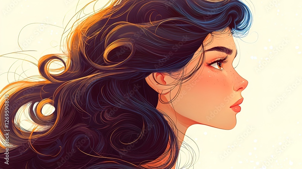 A digital art profile view of a woman with flowing, detailed hair. Soft, warm lighting highlights the face and hair. A digital art profile view of a woman with flowing, detailed hair. Soft, warm lighting highlights the face and hair.