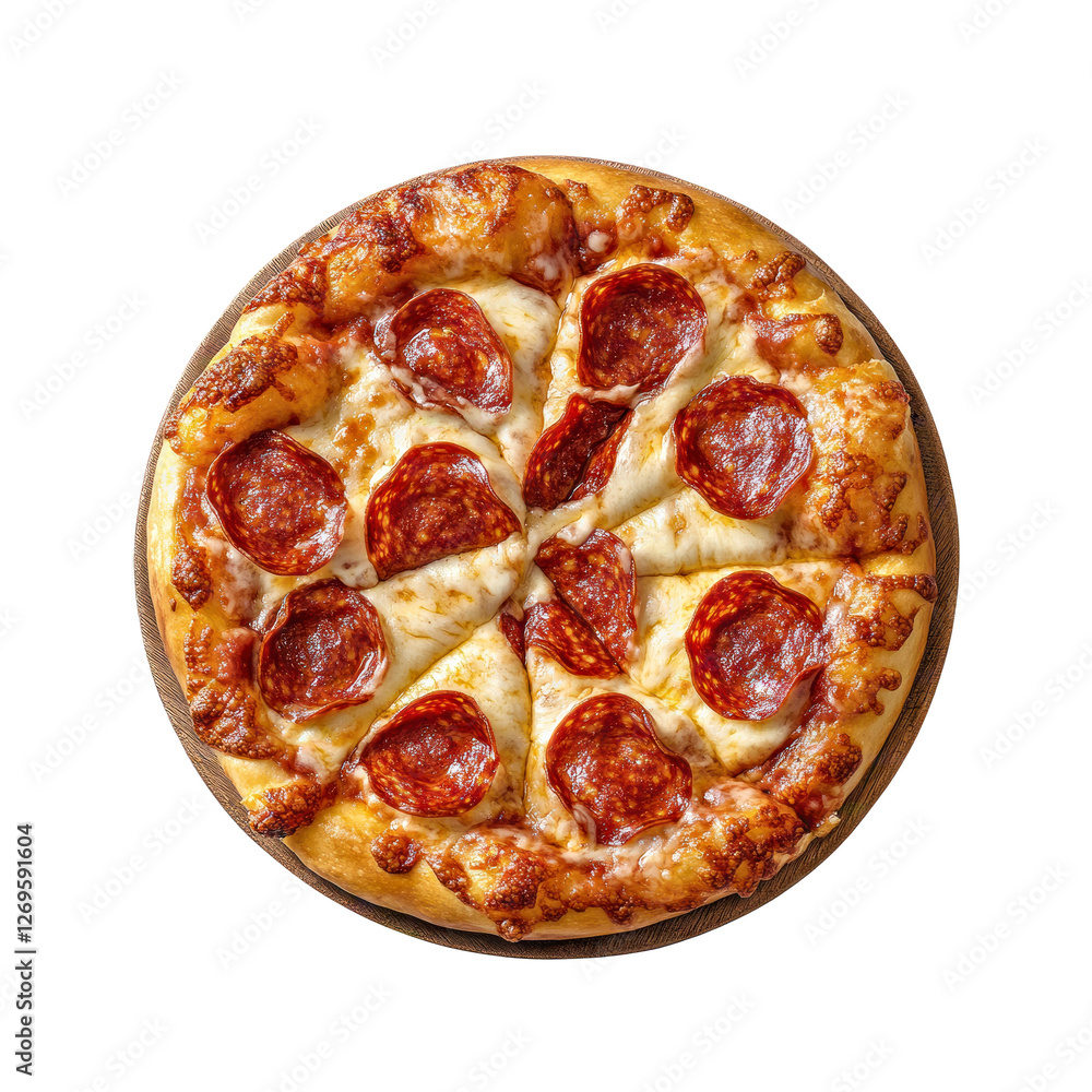 Pepperoni pizza with golden crispy crust isolated on transparent background Pepperoni pizza with golden crispy crust isolated on transparent background