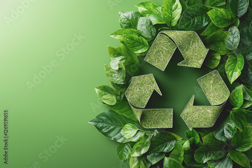 Green recycling symbol encircled by fresh green leaves on a white background for environmental themes photo