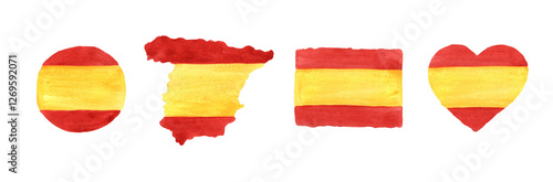 Spain Flag set. Hand drawn watercolor illustration, isolated on white  background