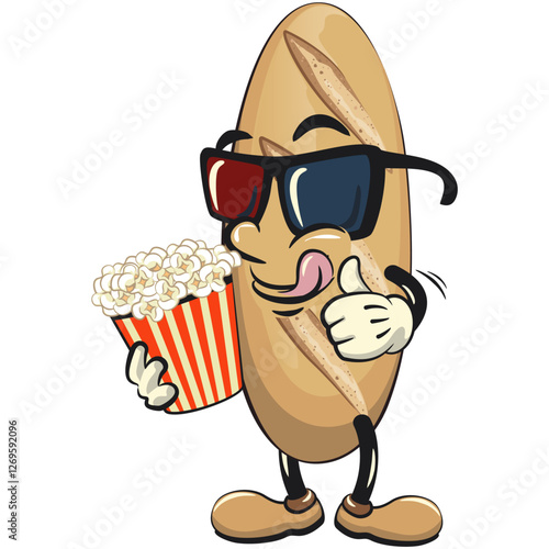 baguette bread cartoon isolated vektor illustration mascot character with a bucket of popcorn with wearing 3d glasses, work of hand drawn