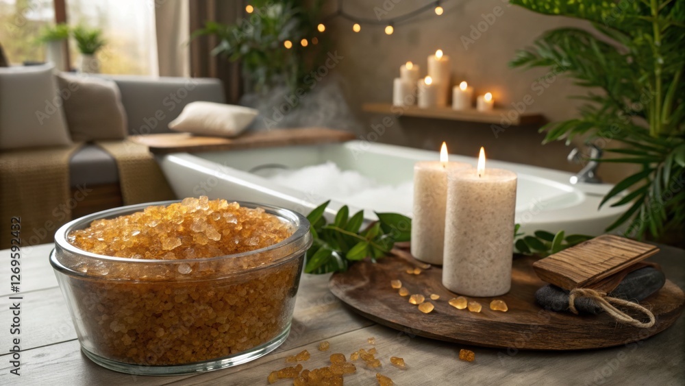Myrrh benefits. Relaxing spa setting with candles, bath salts, and a tranquil atmosphere for self-care and wellness. Myrrh benefits. Relaxing spa setting with candles, bath salts, and a tranquil atmosphere for self-care and wellness.