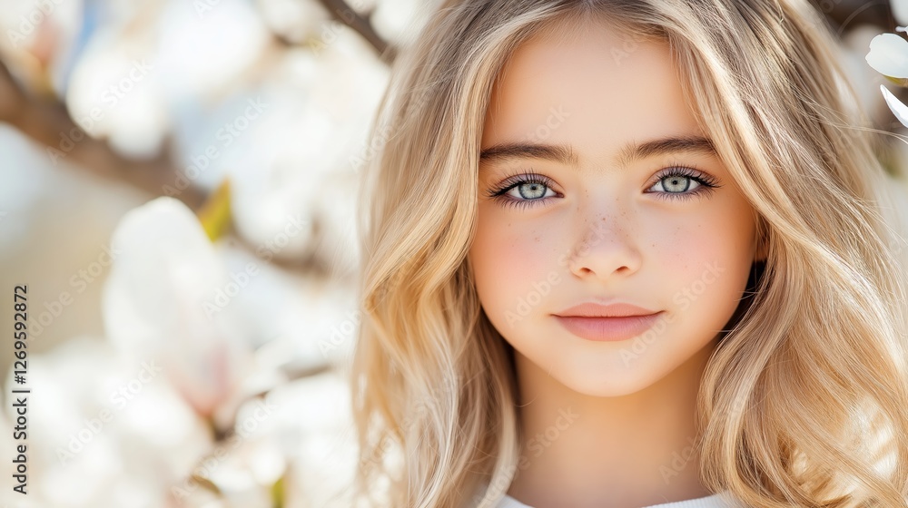 Beautiful young girl smiling with bright eyes in a spring garden full of blooming flowers Beautiful young girl smiling with bright eyes in a spring garden full of blooming flowers