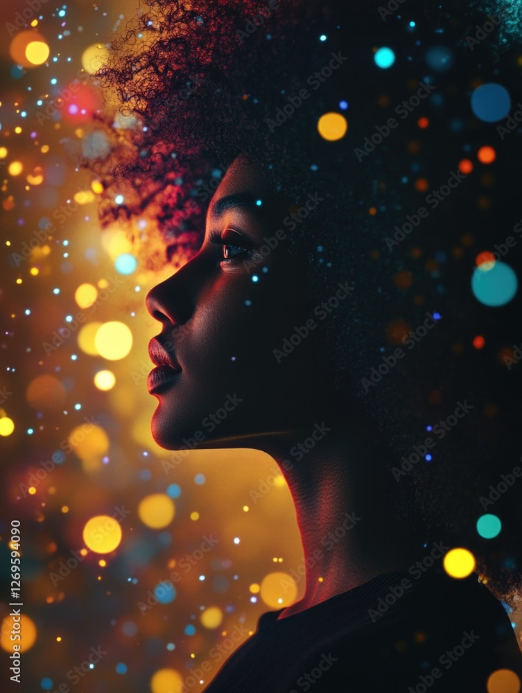 Fototapeta premium Woman with curly hair in front of bright lights