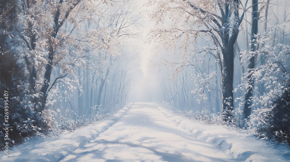Fototapeta premium Winter wonderland: snow-covered forest path captured in a tranquil oil painting - ideal for seasonal decor and holiday themes.