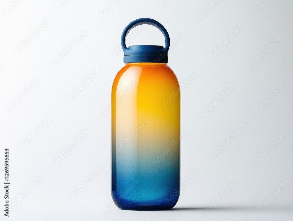 Colorful gradient water bottle stands against a light background indoors Colorful gradient water bottle stands against a light background indoors