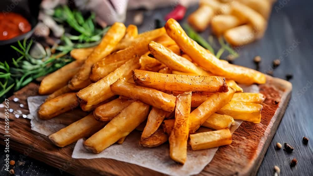 Crispy golden french fries served on a wooden board with herbs and dipping sauces in the background Crispy golden french fries served on a wooden board with herbs and dipping sauces in the background