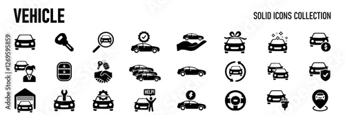 Car vehicle solid icons collection. Containing car dealer, keyless, garage, electrical vehicle etc icons. For website marketing design, logo, app, template, ui, etc. Vector illustration. Automobile