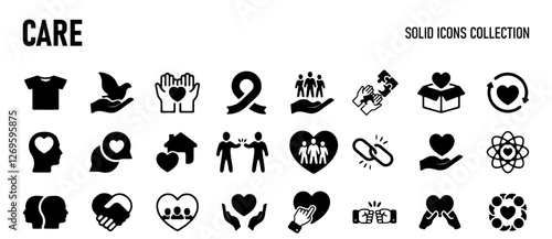 Charity and care solid icons set. Collection of hands, donations, hearts, unity and more. Vector illustration.