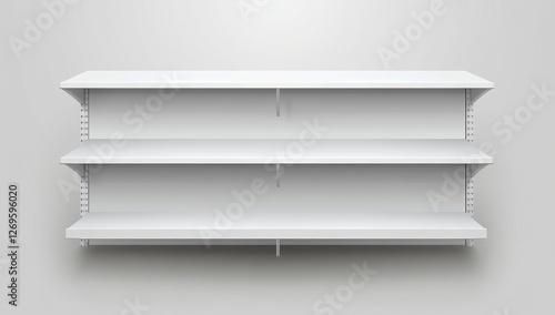 Empty white retail shelves against a neutral backdrop