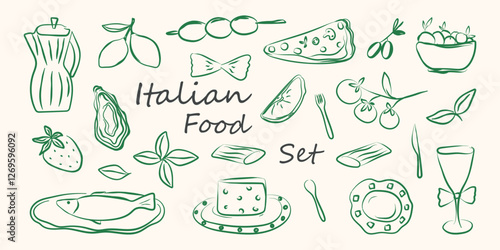 Hand drawn italian food set in chalk crayon style. Doodle sketch dish with pizza, cheese, pasta, olives, oyster, italy ingredients. Charcoal collection of dinners for menu, wedding. Vector illustratio