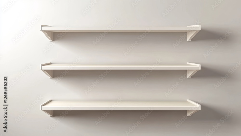 Empty white shelves against a light wall Empty white shelves against a light wall