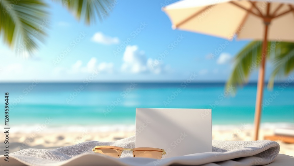 Fashion week invitations, Invitations on a towel under a beach umbrella by a clear ocean view photorealistic. Fashion week invitations, Invitations on a towel under a beach umbrella by a clear ocean view photorealistic.