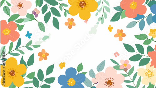 明るくて鮮やかで美しい花のフレームのイラスト、コピースペース