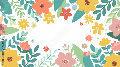 明るくて鮮やかで美しい花のフレームのイラスト、コピースペース