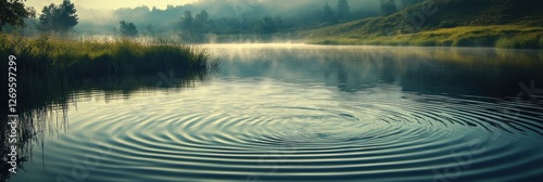 Serene morning mist over calm lake water ripples