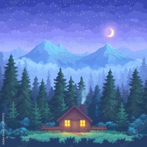 Pixel Art Serene Mountain Cabin Under Starry Sky with Moon and Pine Forest