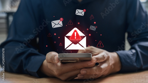 Phishing scam and spam email warning concept. office worker checks mobile phone, symbolizing cybersecurity attack threat, alert message and digital safety challenge