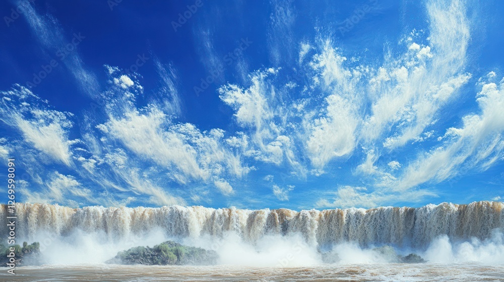 Fototapeta premium Majestic waterfall cascading under a vibrant blue sky with wispy clouds; ideal for travel brochures