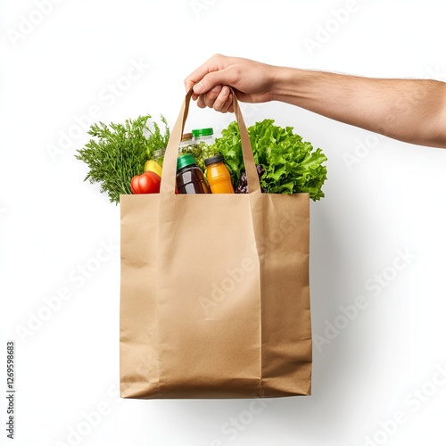 Hand Holding Grocery Bag with Fresh Produce. Hand holding paper bag filled with grocery items