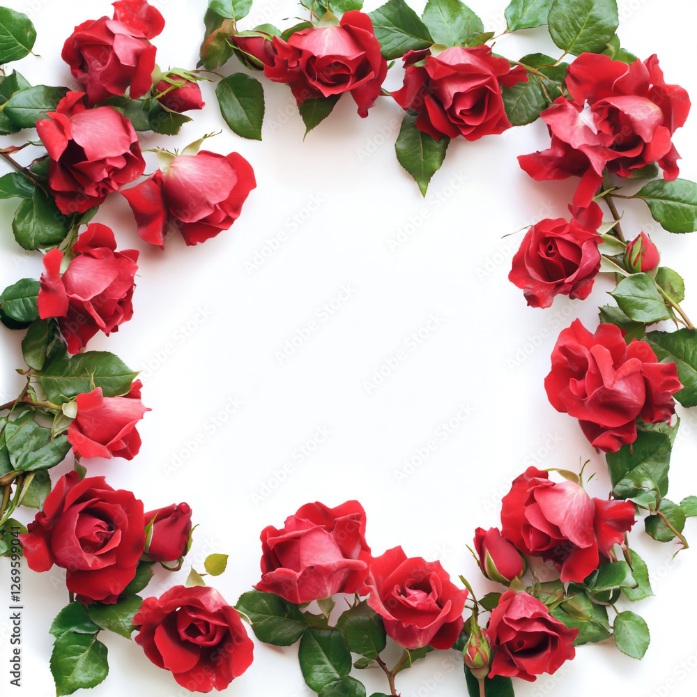 Frame of luxurious red roses in full bloom, with soft petals and green leaves, cut out isolated on white background full depth of feild. Frame of luxurious red roses in full bloom, with soft petals and green leaves, cut out isolated on white background full depth of feild.