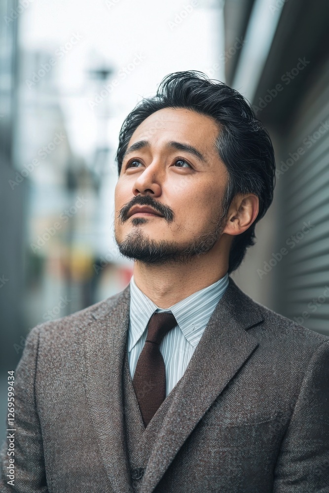A well-dressed man with facial hair gazes upward, exuding confidence and sophistication against an urban backdrop. A well-dressed man with facial hair gazes upward, exuding confidence and sophistication against an urban backdrop.