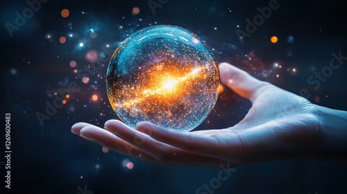 Hand Holding a Glowing Crystal Sphere with a Galaxy Inside