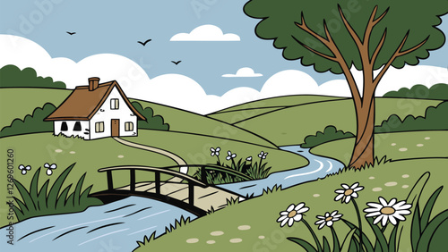 village scenary with  river, house, tree, sky etc 2