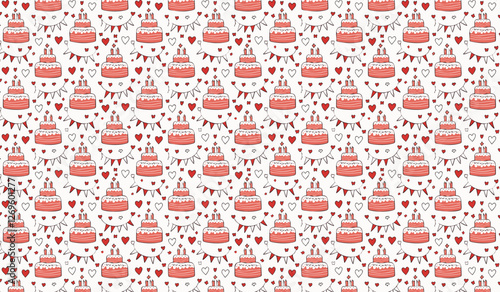 かわいいお誕生日ケーキとガーランド、おしゃれなパーティーイメージのイラスト、パターン