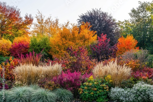 Vibrant autumn leaves captured in a serene garden setting with a bright sky backdrop, perfect for seasonal decor and nature-themed projects