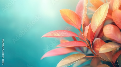 Bright abstract tropical leaves in coral, turquoise, and gold tones create a vibrant atmosphere for creative projects