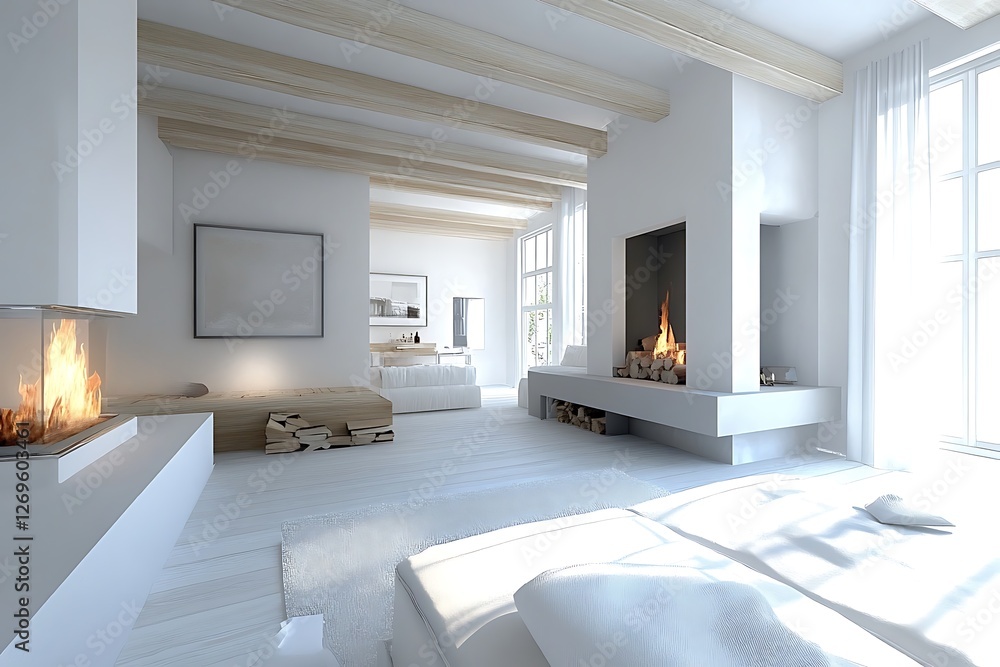 Fototapeta premium Luxury living room with fireplace and white sofa. Nobody inside