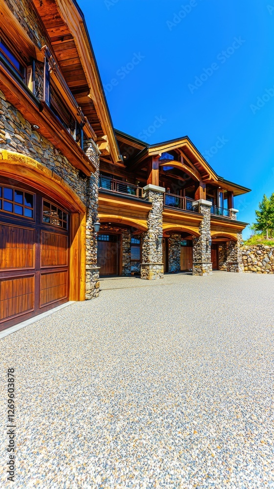 Fototapeta premium Beautiful log home with stone accents. Landscaping and blue sky. Real estate, architecture