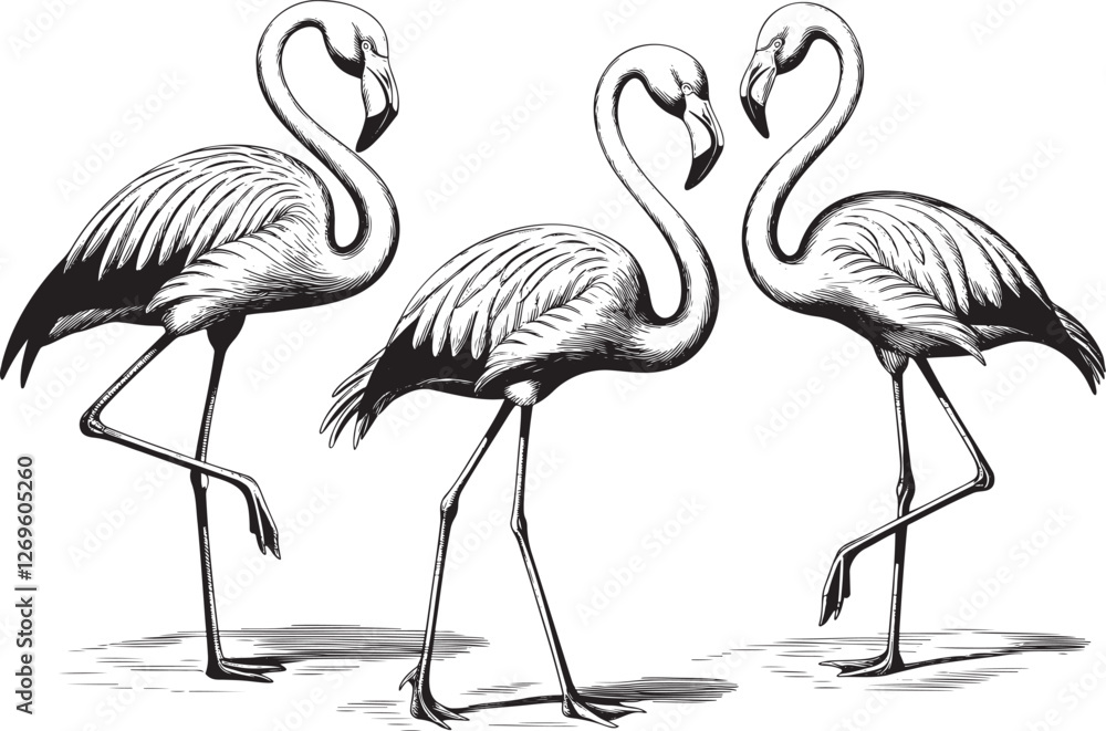 Fototapeta premium Vintage engrave flamingo art set illustration. Engraving flamingo bird vector illustration.