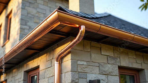 Home gutter system, Stone facade home with a sunlight-reflecting copper gutter system
