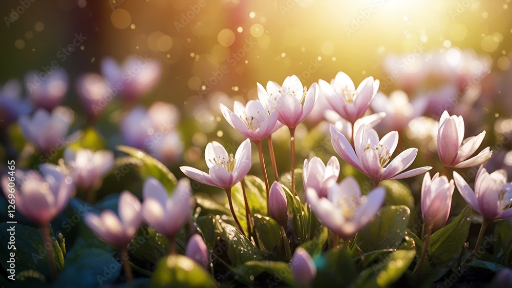 Fototapeta premium pink spring flowers in the garden against sunny bokeh background, copy space