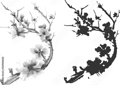 Watercolor Sakura Blossom Pack - Japanese Cherry Tree Pack. Artistic Branch Plum Blossom.