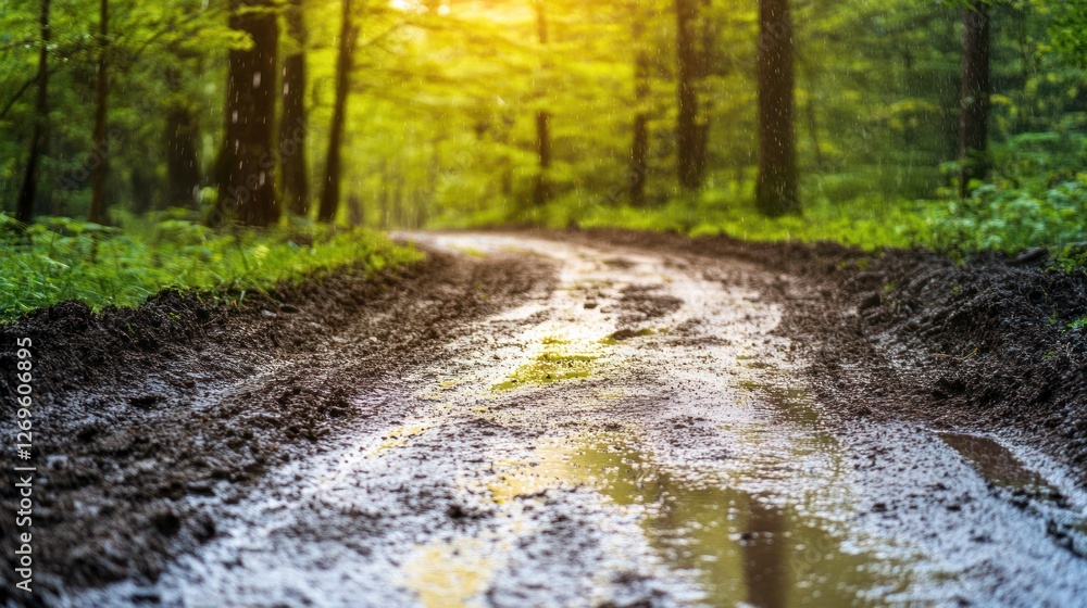 Obraz premium Rainy Forest Path Mud Puddles Scenic View
