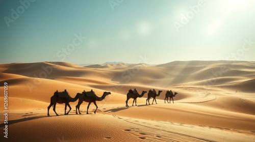 Camel Caravan Crossing Golden Desert Dunes at Sunset