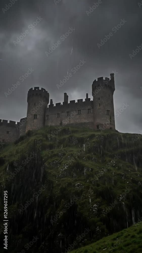 Majestic castle under thunderous sky with lightning and rain showers Majestic castle under thunderous sky with lightning and rain showers