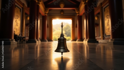 the sound of a ceremonial bell echoes during Buddhist ceremonies, marking a sacred ritual of consecration in a temple