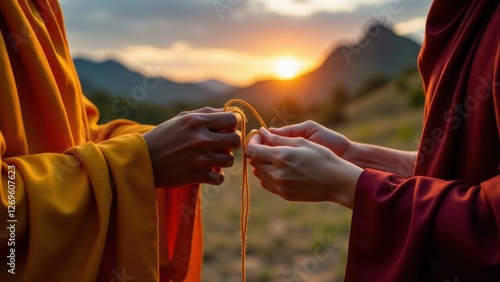 a monk ties a blessed thread around a devotee's wrist, symbolizing Buddhist rituals and the ritual of consecration (blessing)