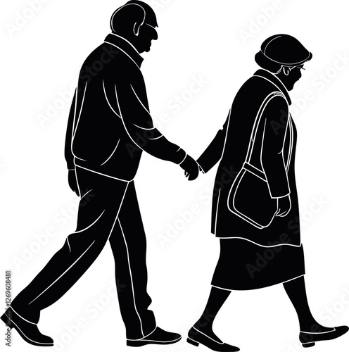 Elderly Couple Walking Together Black Silhouette – Heartwarming Minimalist Vector Illustration Depicting Senior Love, Companionship, Aging, Togetherness, Romance, Support, Family, and Life Journey