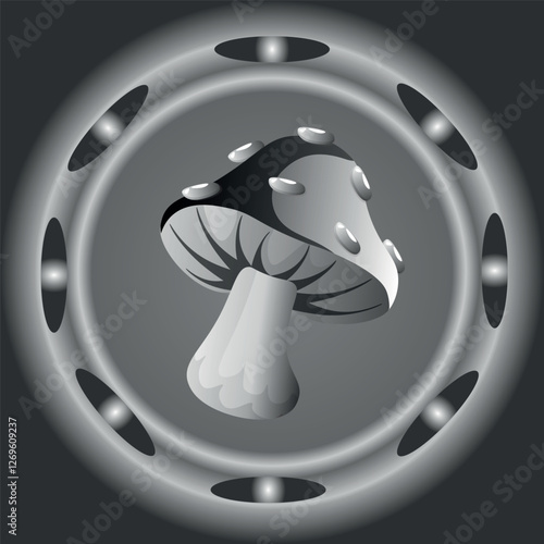 Vector illustration with Mystical black-white amanita mushroom. Amanita muscaria. 