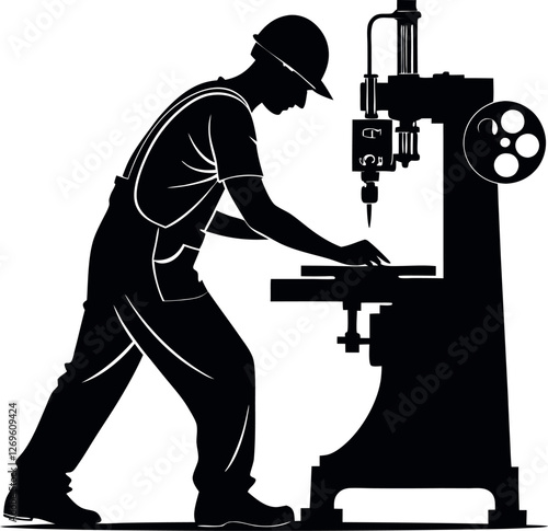 Factory Worker Operating Machinery Black Silhouette – Industrial Minimalist Vector Illustration Representing Manufacturing, Labor, Engineering, Production, Automation, Factory Jobs, and Workforce