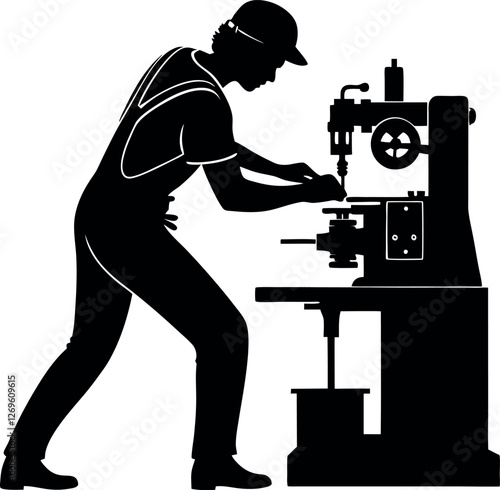 Factory Worker Operating Machinery Black Silhouette – Industrial Minimalist Vector Illustration Representing Manufacturing, Labor, Engineering, Production, Automation, Factory Jobs, and Workforce