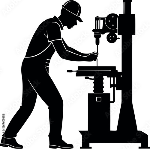 Factory Worker Operating Machinery Black Silhouette – Industrial Minimalist Vector Illustration Representing Manufacturing, Labor, Engineering, Production, Automation, Factory Jobs, and Workforce