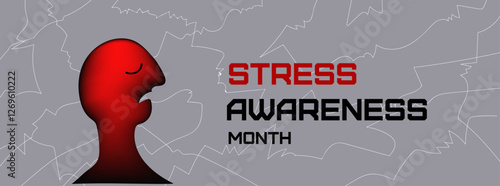 Stress Awareness Month banner.  Silhouette of stress person illustration. line art doodle hand drawn Vector Illustration.