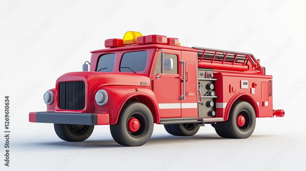 3D rendering a cartoon illustration of a red fire truck. The truck has a ladder on the back and a yellow light on top. The front of the truck has two windows and a door on the side 3D rendering a cartoon illustration of a red fire truck. The truck has a ladder on the back and a yellow light on top. The front of the truck has two windows and a door on the side